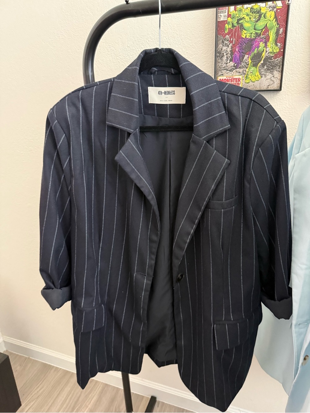Pinstripe Navy Blazer with Single-Button Closure